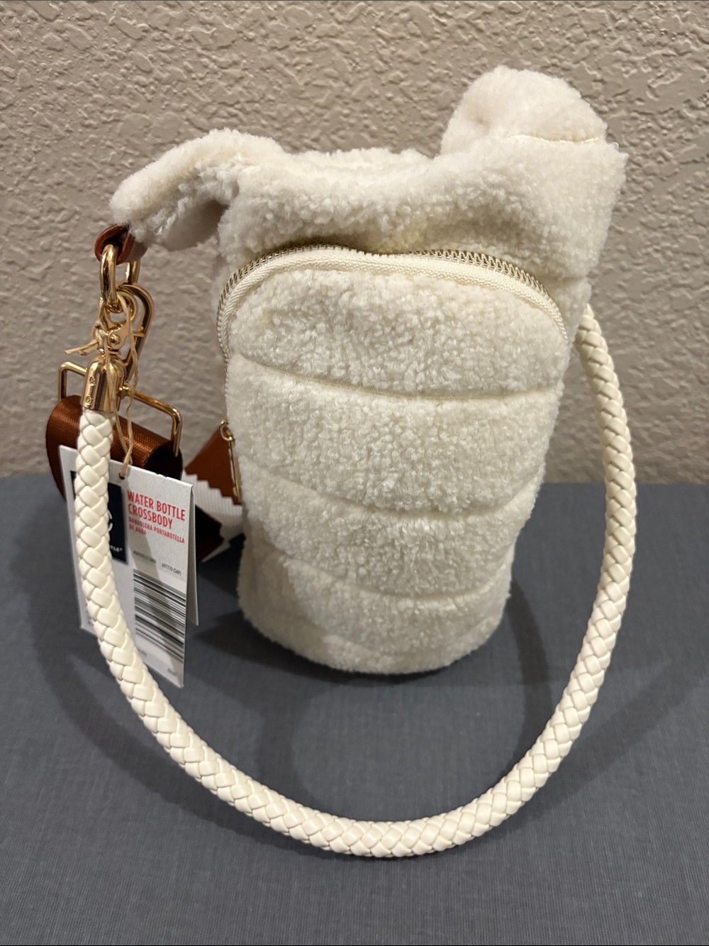 Cream Quilted Plush Water Bottle Crossbody Bag